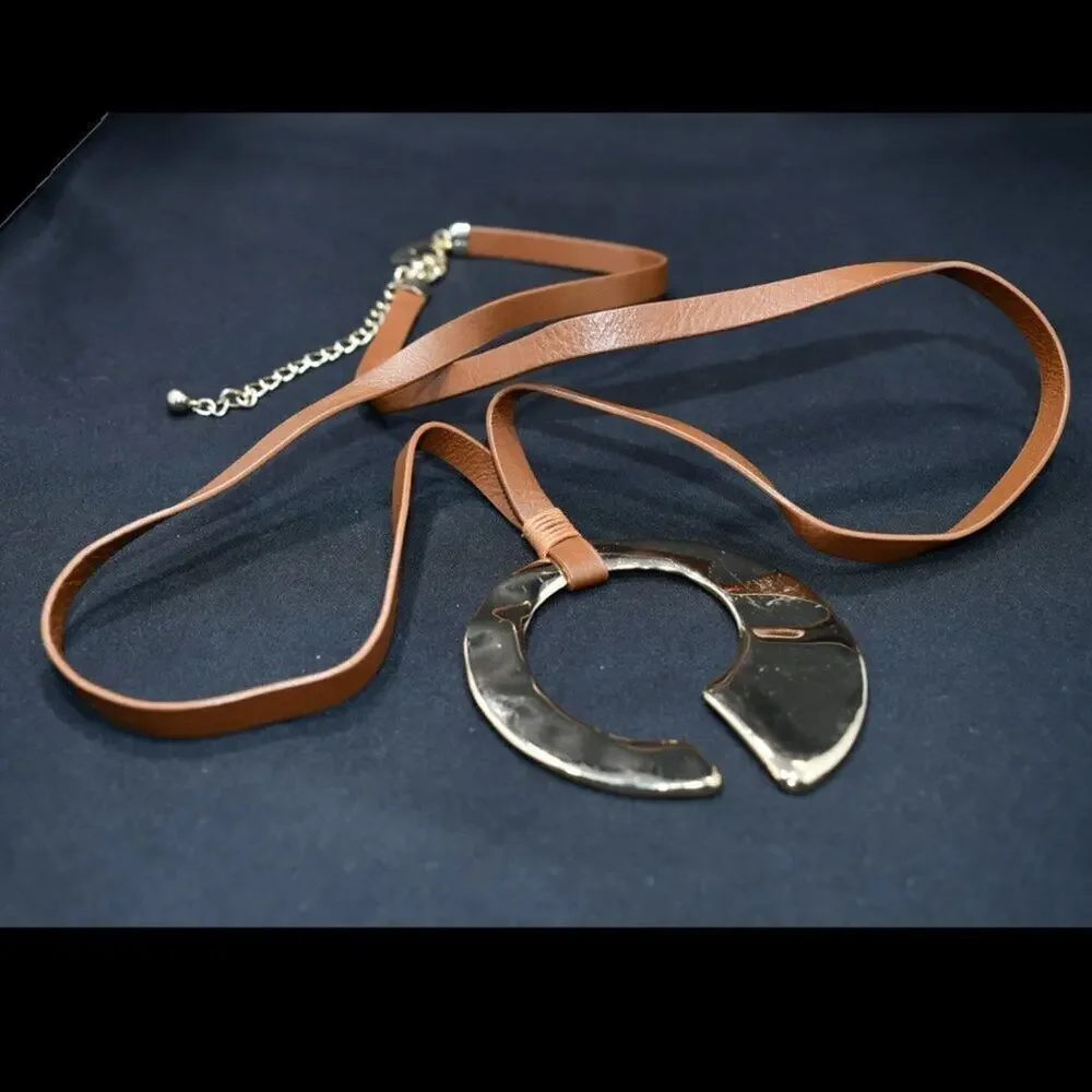 Chico’s Leather Necklace Large Gold C Pendant Adjustable 36” Modern Statement